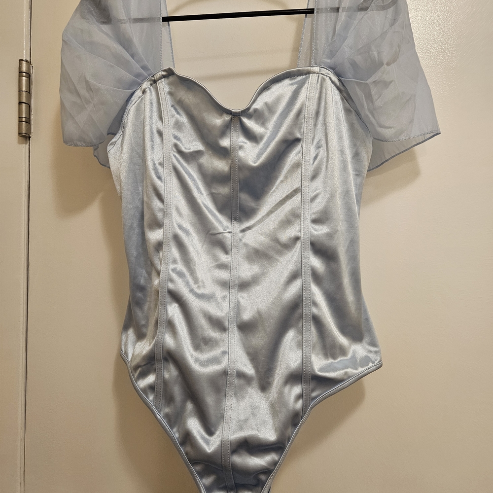 HALARA Light Blue Satin Bodysuit with Sheer Sleeves